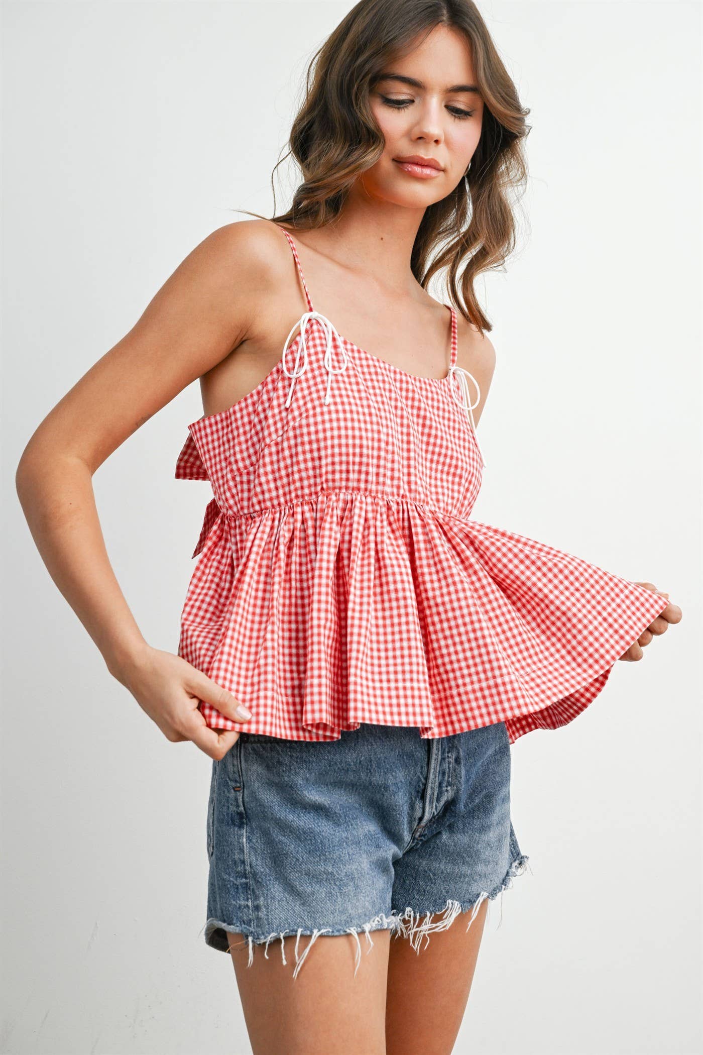 Gingham Tie-Strap Tank  RED S