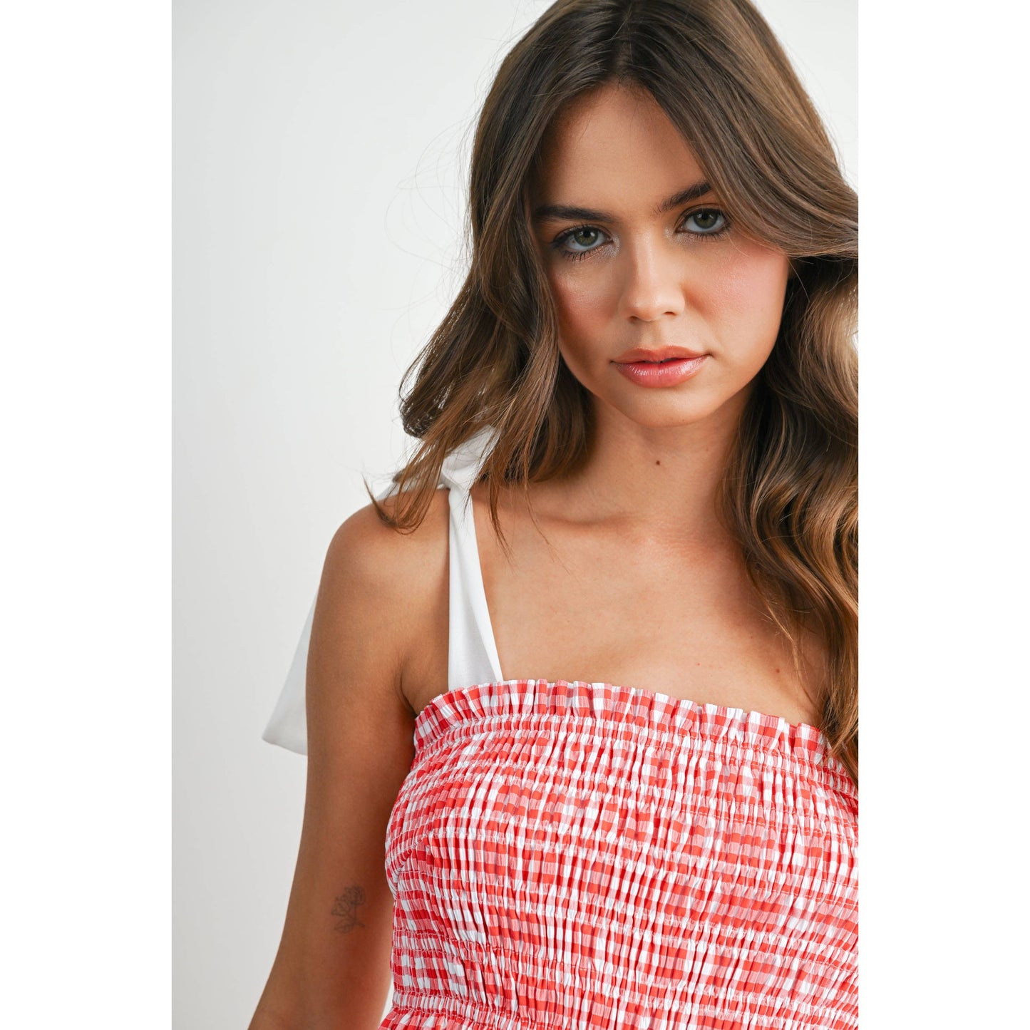 Strapless Shirred Gingham Mini Sundress RED