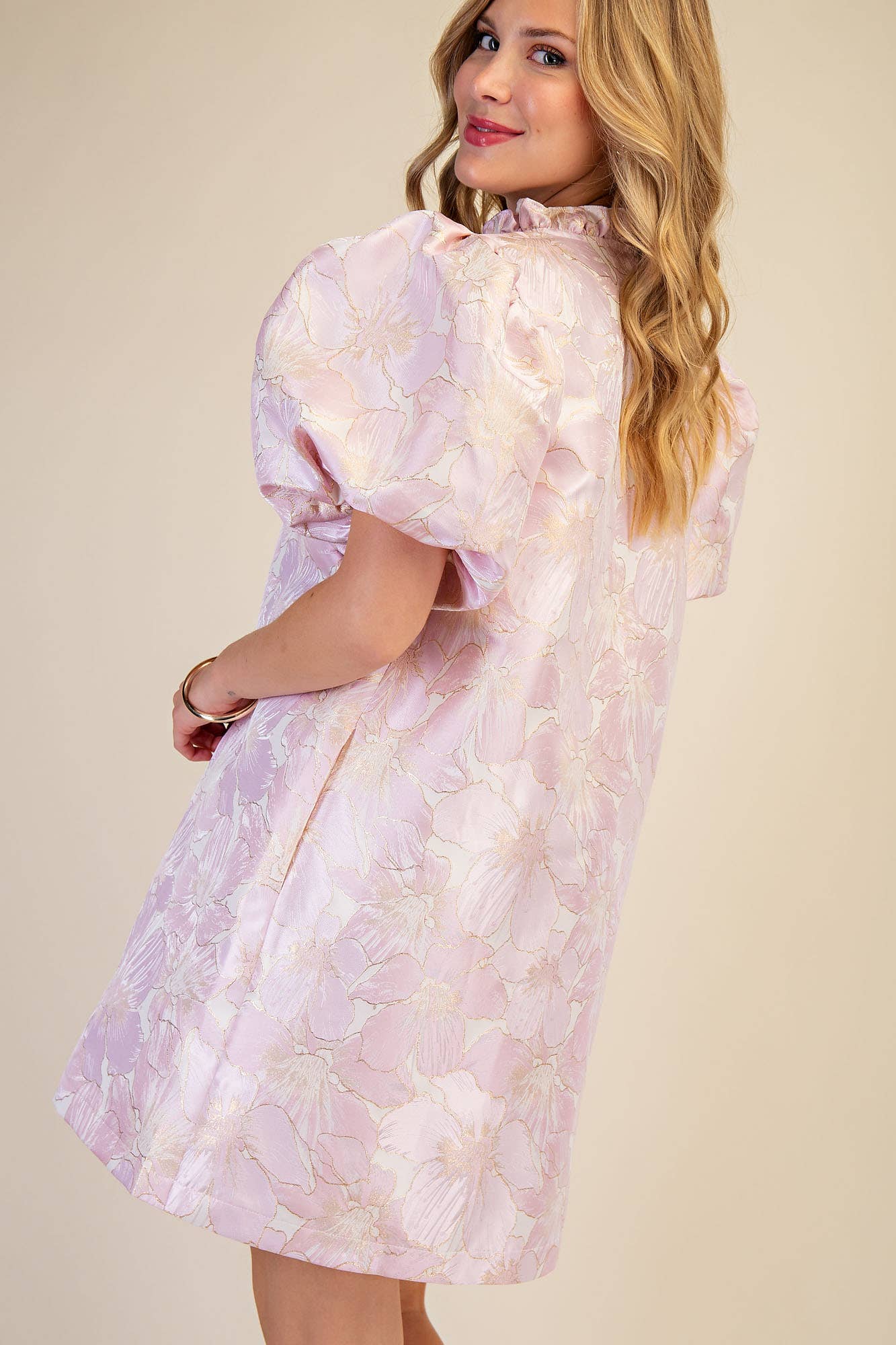 Glam - Ruffle V-Neck Puff Sleeve Mini Dress  Champagne, L