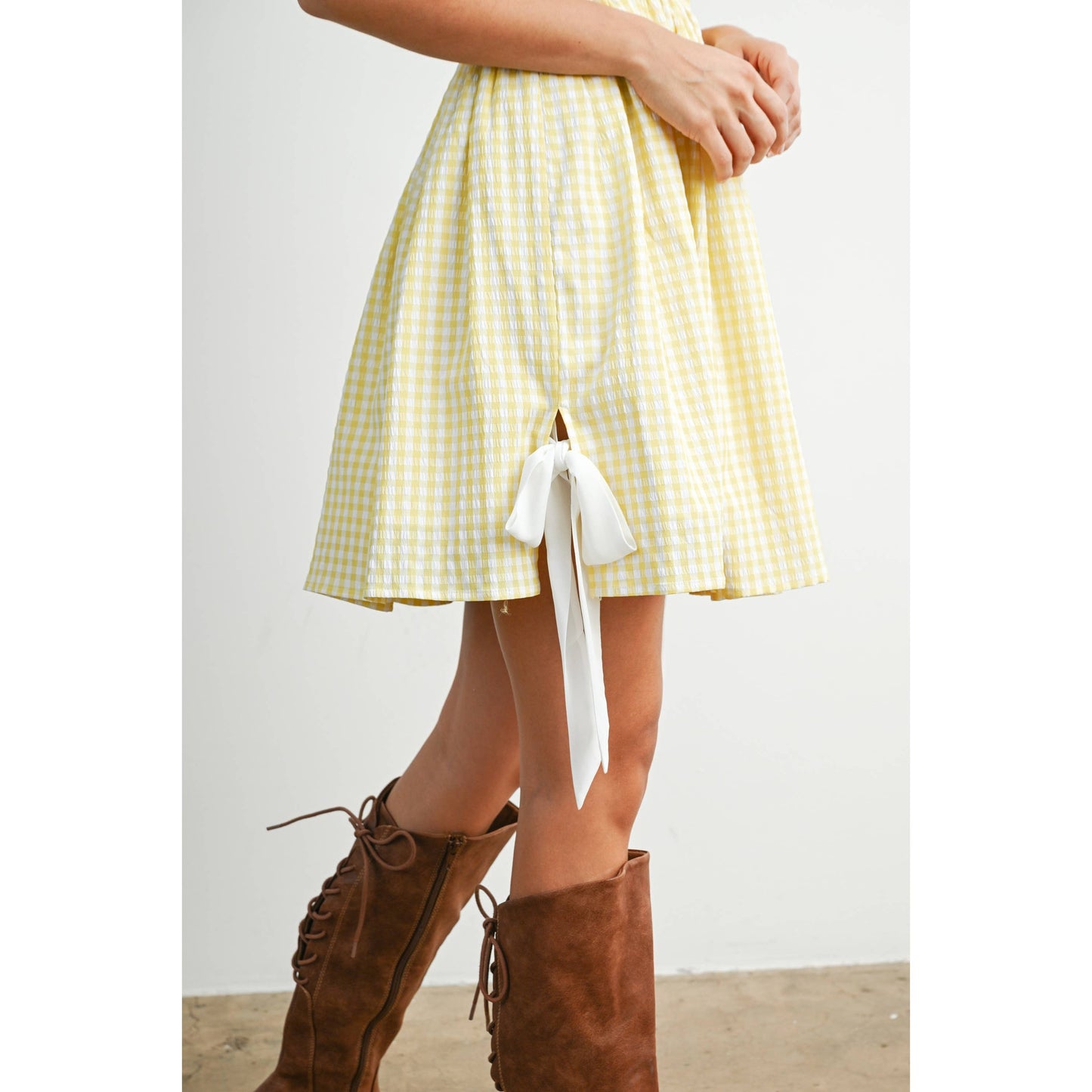 Strapless Shirred Gingham Mini Sundress RED  L
