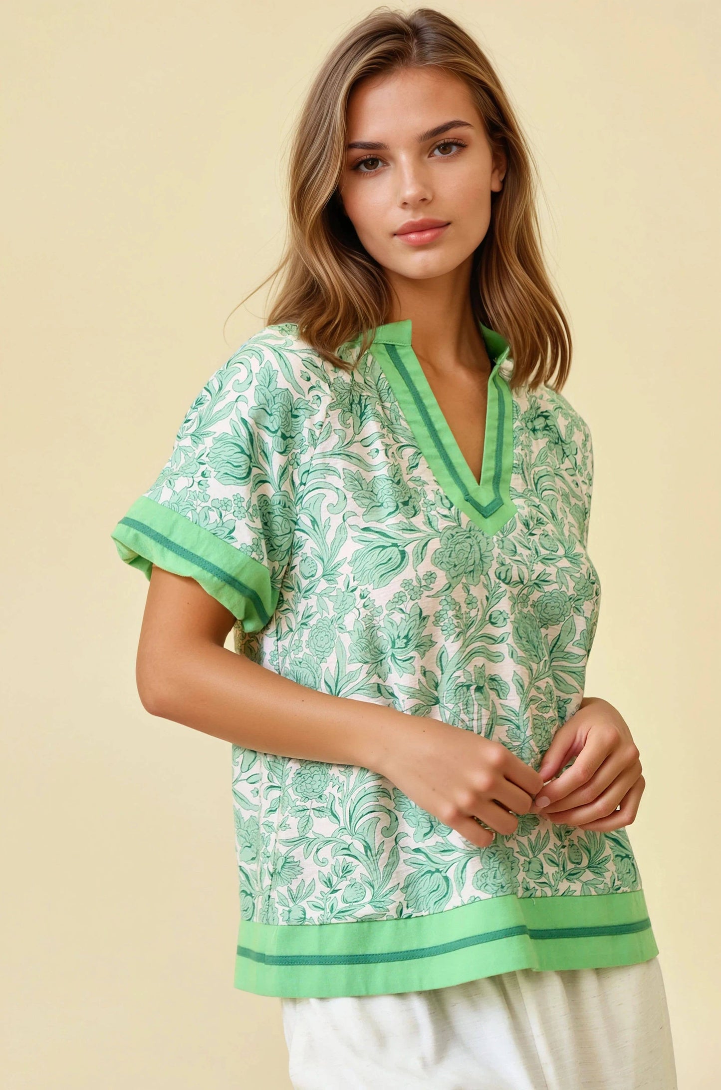 FLORAL PRINTED RUFFLE TIERED TOP - Green, M