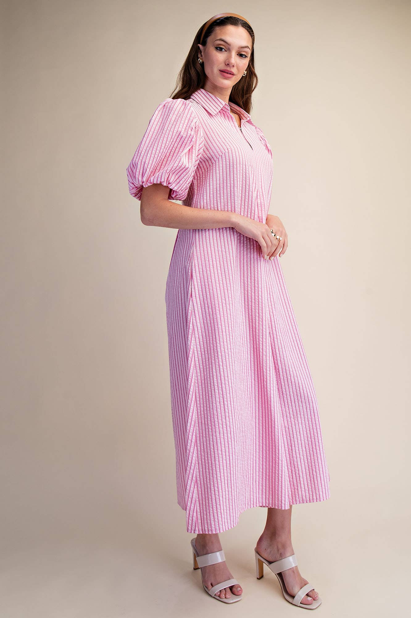 Glam - Collar V-Neck Puff Sleeve Stripe Pleated Midi Dress: Pink, S
