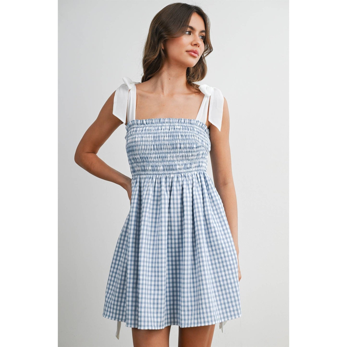 Strapless Shirred Gingham Mini Sundress  RED , M