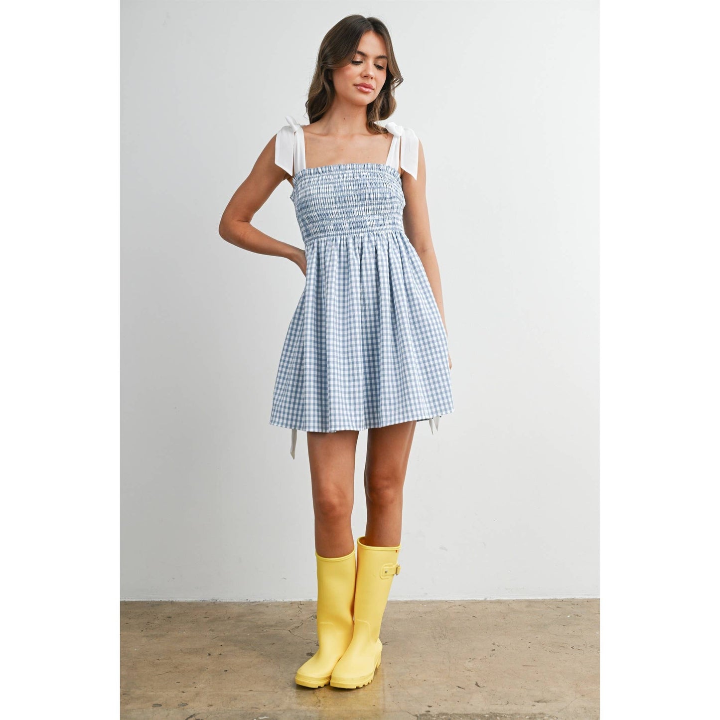 Strapless Shirred Gingham Mini Sundress  RED , M