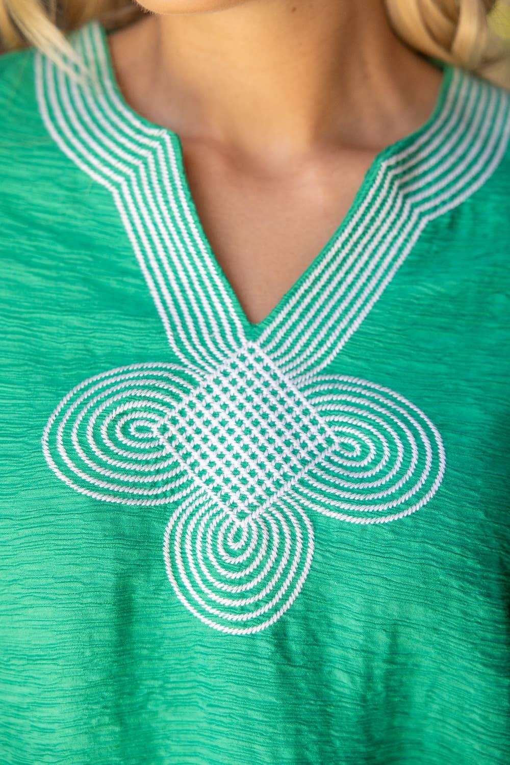 VOY - 36709 Embroidered Front Neck Solid Textured Top: Green, S