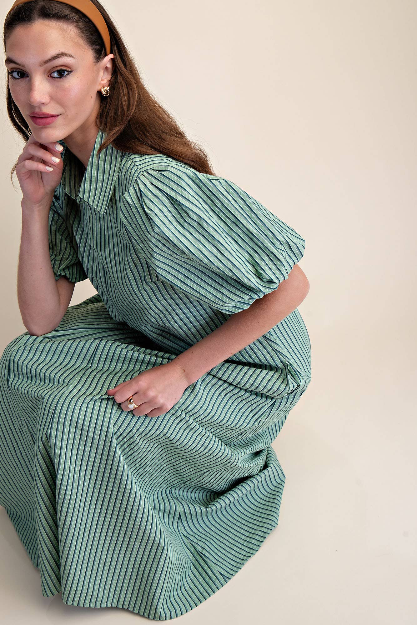 Glam - Collar V-Neck Puff Sleeve Stripe Pleated Midi Dress: Pink, L