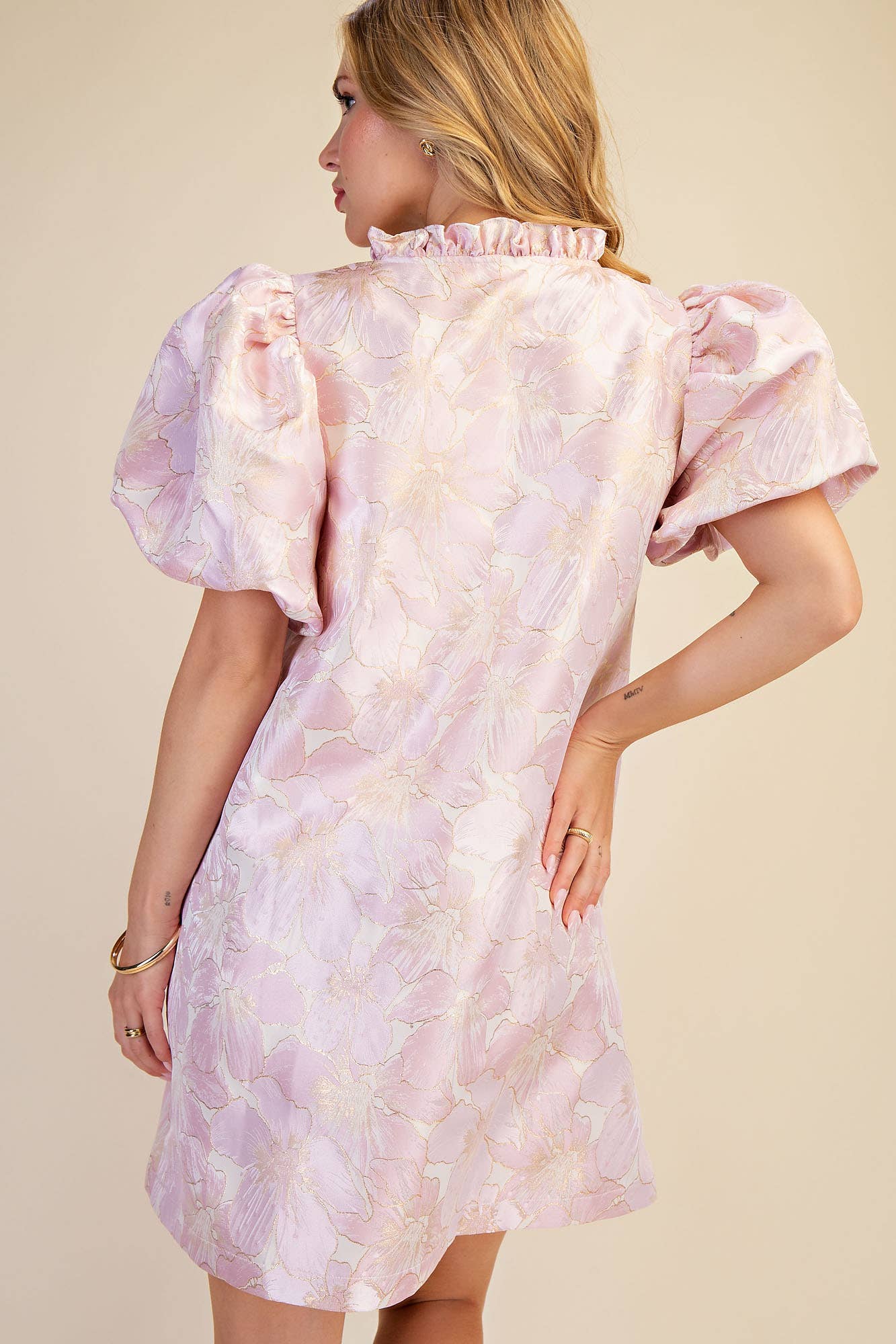 Glam - Ruffle V-Neck Puff Sleeve Mini Dress  Champagne, L
