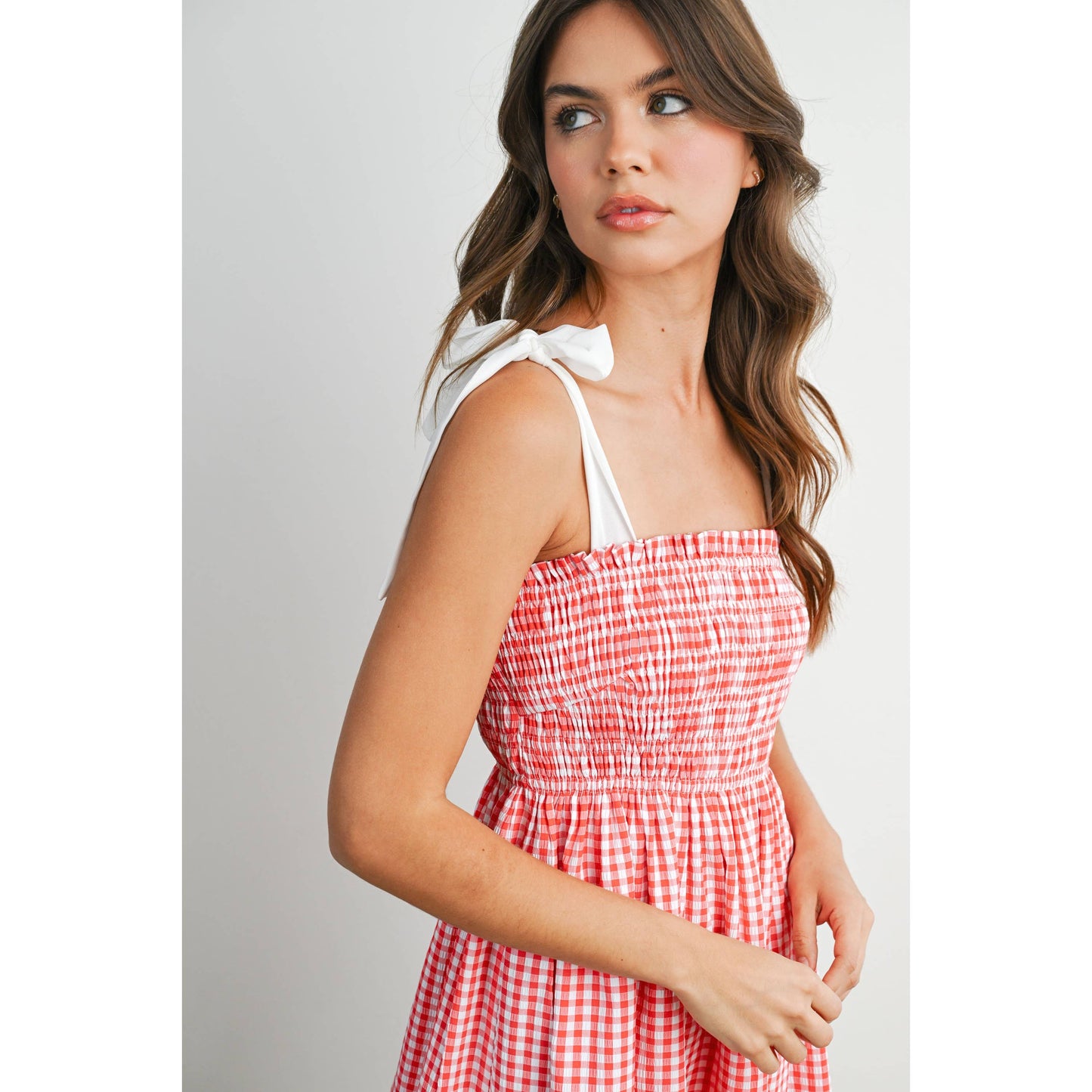 Strapless Shirred Gingham Mini Sundress  RED , M