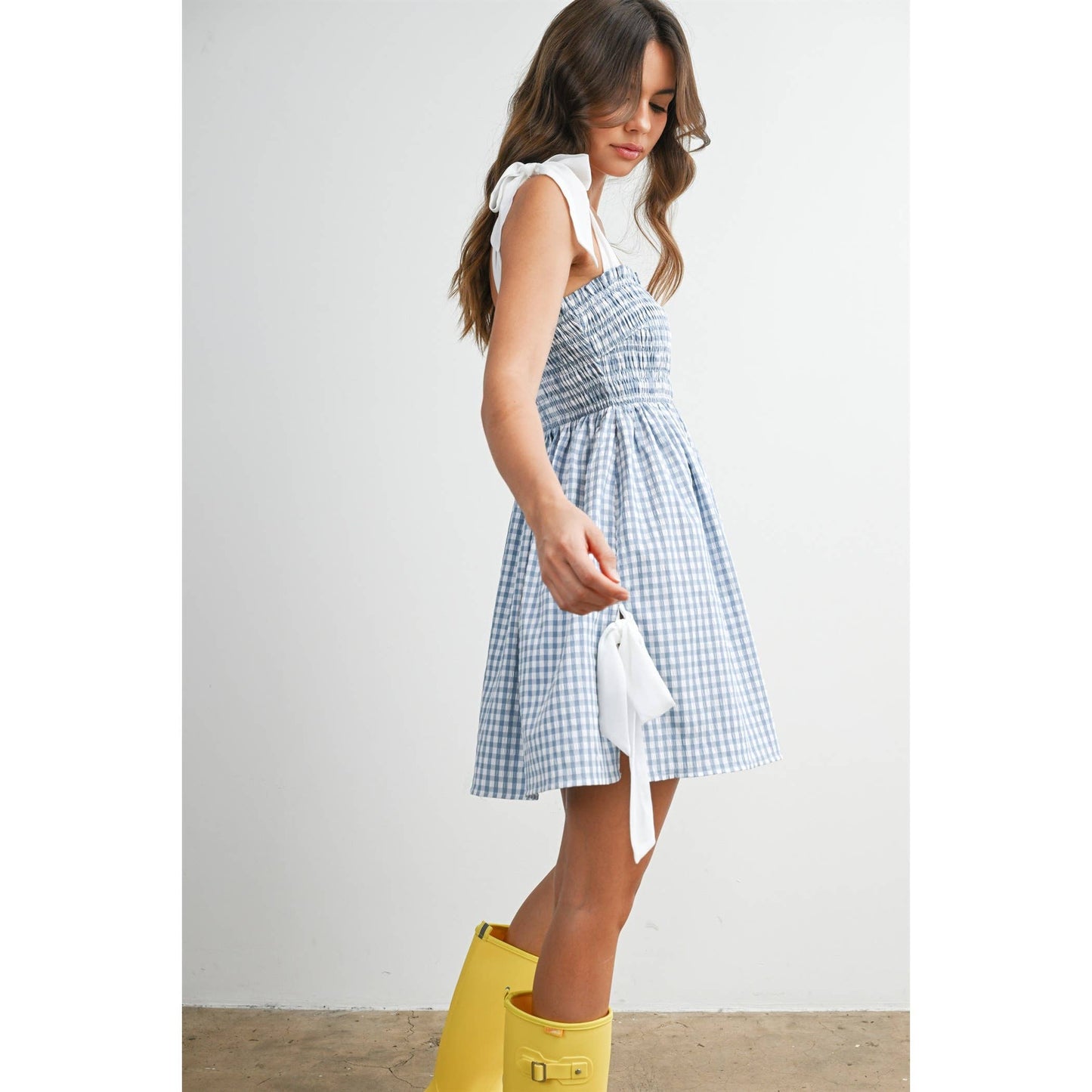 Strapless Shirred Gingham Mini Sundress RED  L