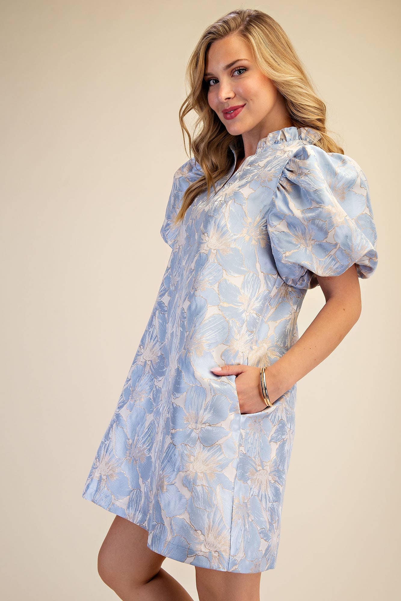 Glam - Ruffle V-Neck Puff Sleeve Mini Dress  Champagne, L