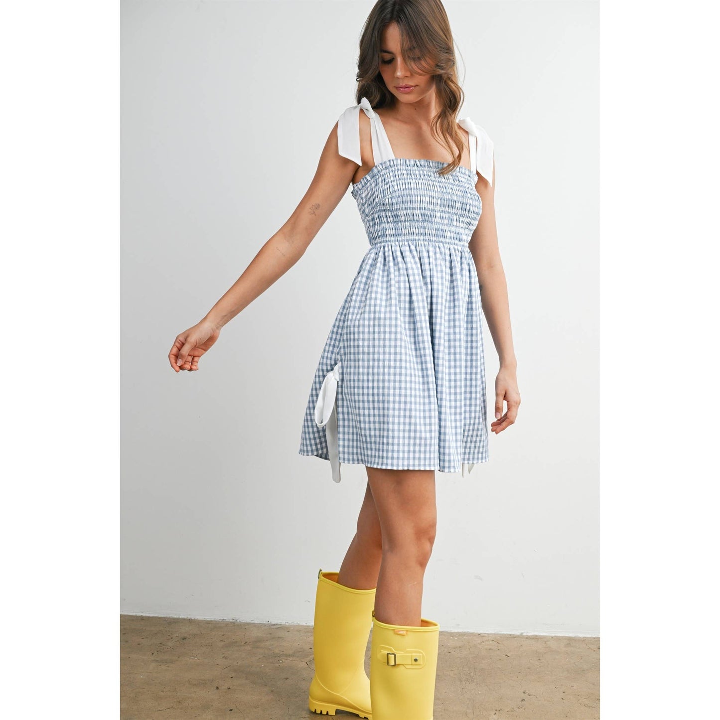 Strapless Shirred Gingham Mini Sundress  RED , M