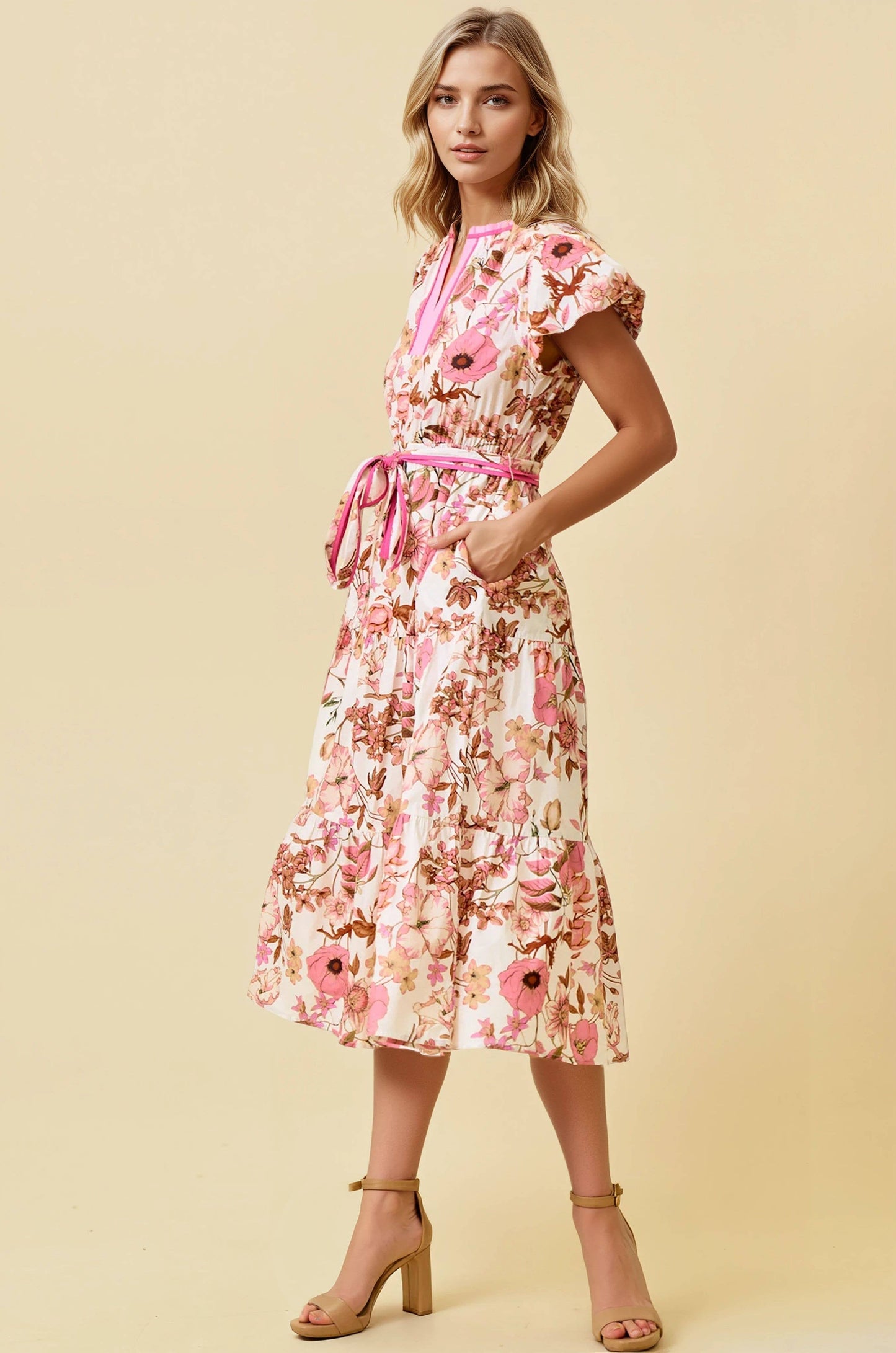 FLORAL PRINT BUBBLE SHORT SLEEVE TIERED MIDI DRESS Pink, S