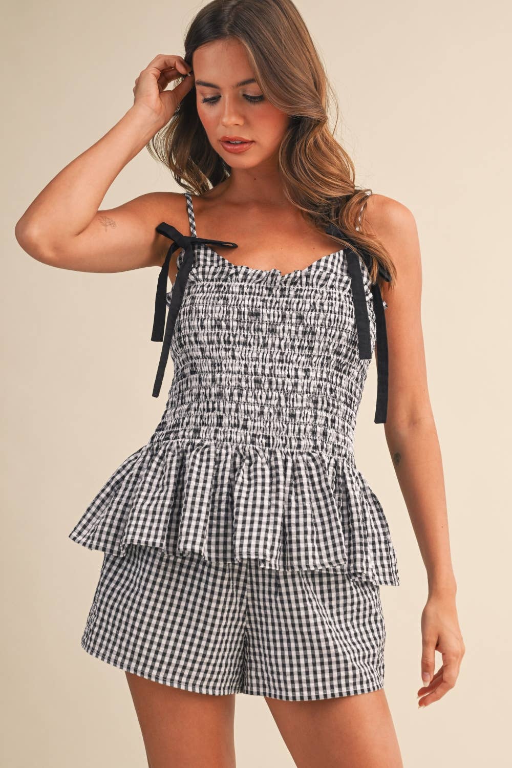 Klesis - IST6326 SMOCKED GINGHAM BOW CONTRAST CAMI TOP AND SHORTS: LT BLUE, M