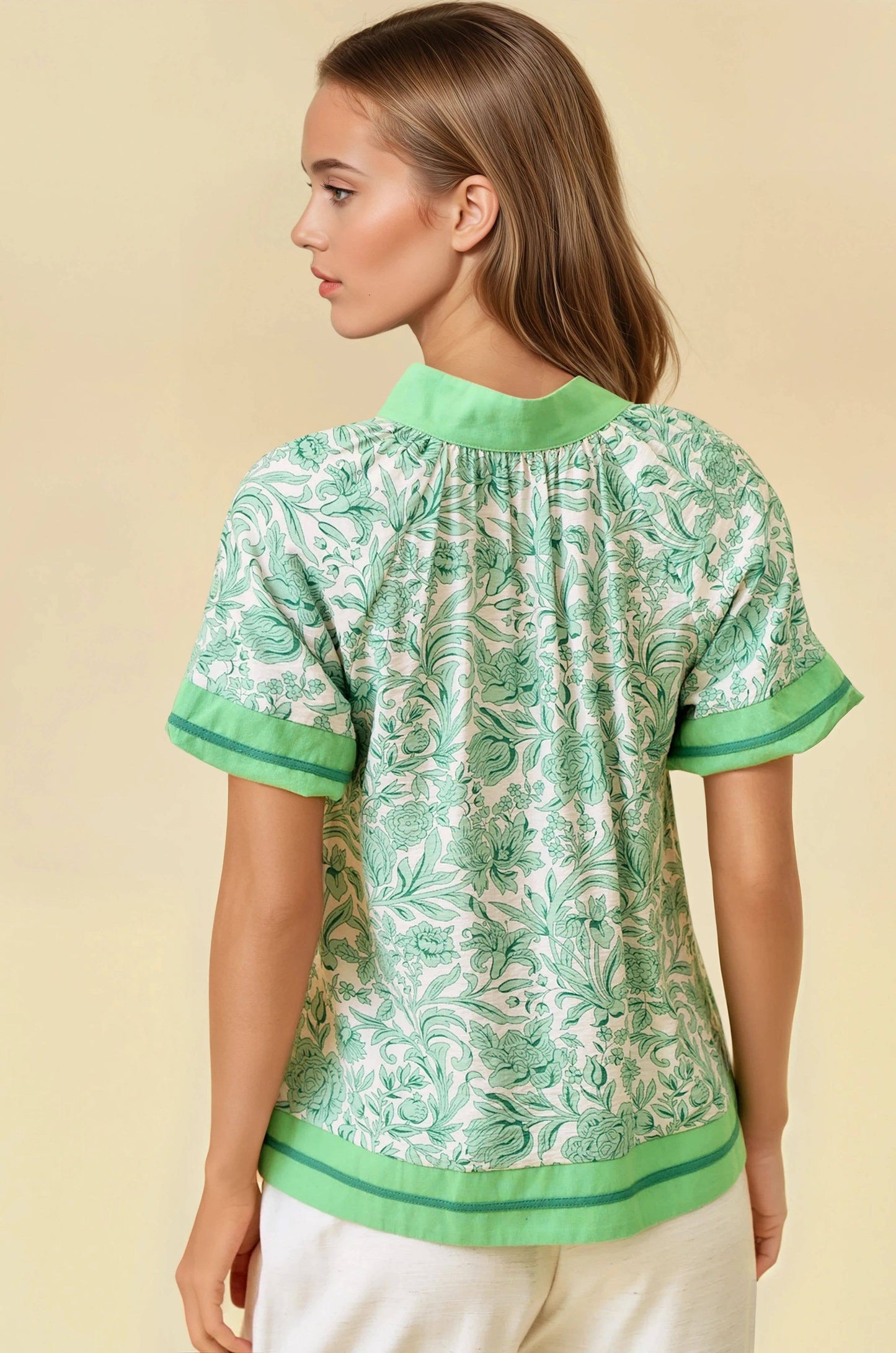FLORAL PRINTED RUFFLE TIERED TOP - Green, L