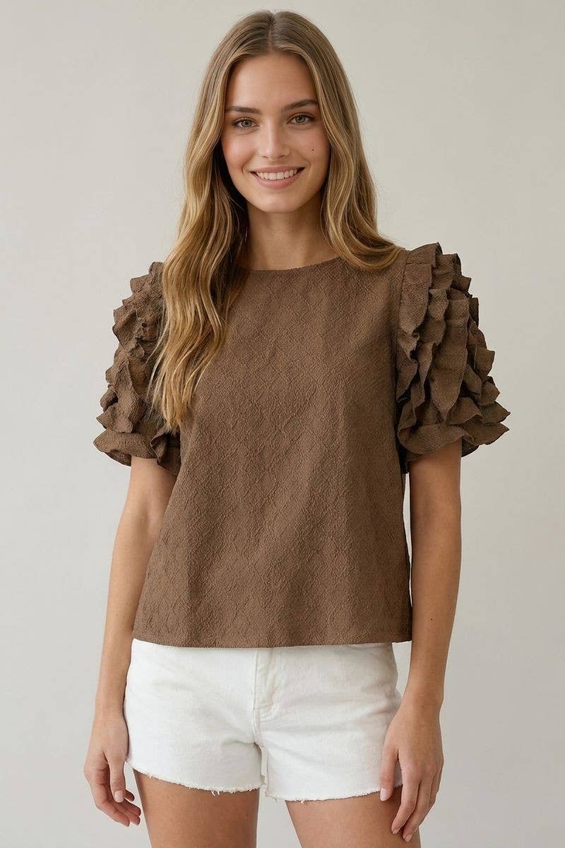 TEXTURED RUFFLE PUFF SLEEVE TOP - TAN, S