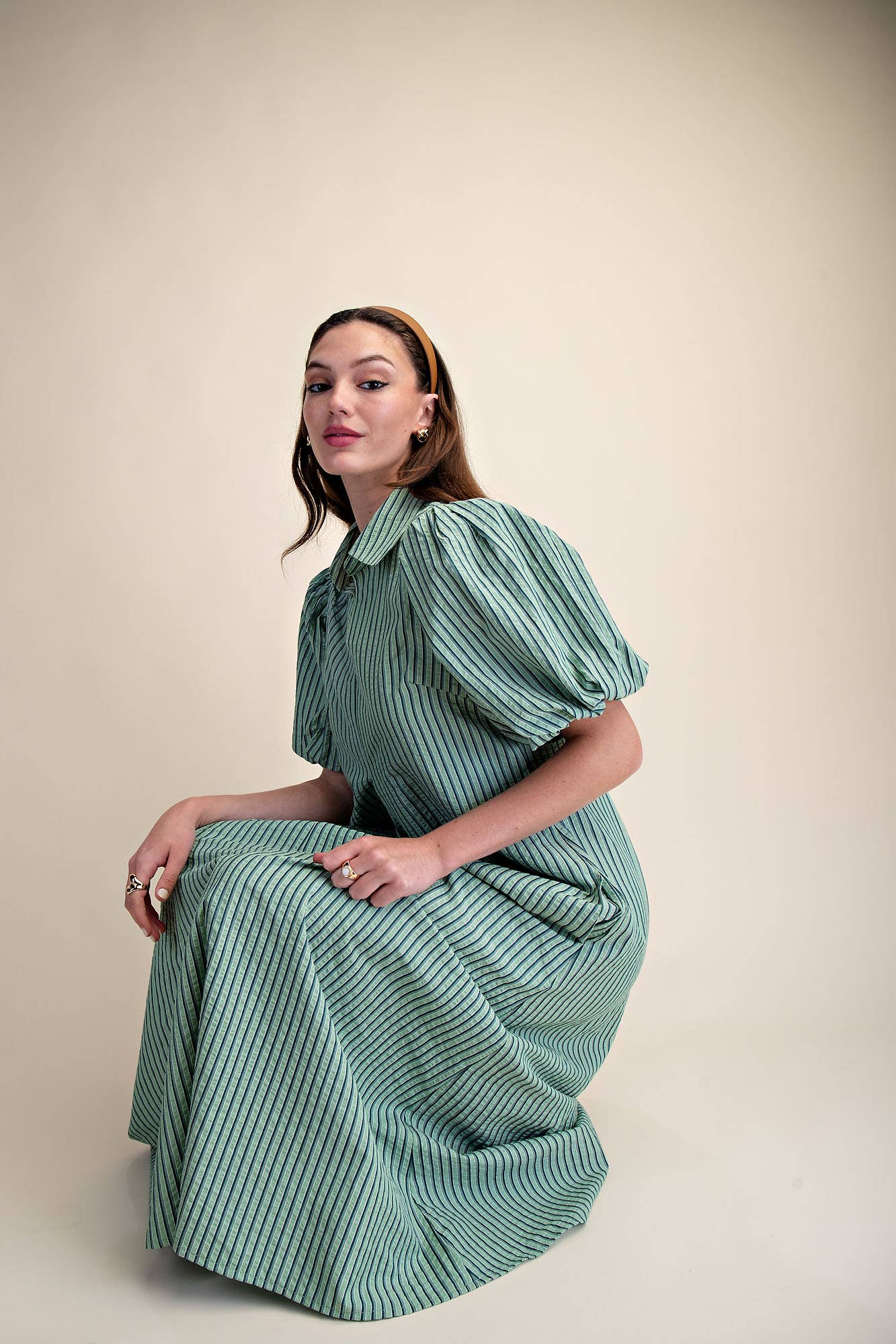 Glam - Collar V-Neck Puff Sleeve Stripe Pleated Midi Dress: Pink, S