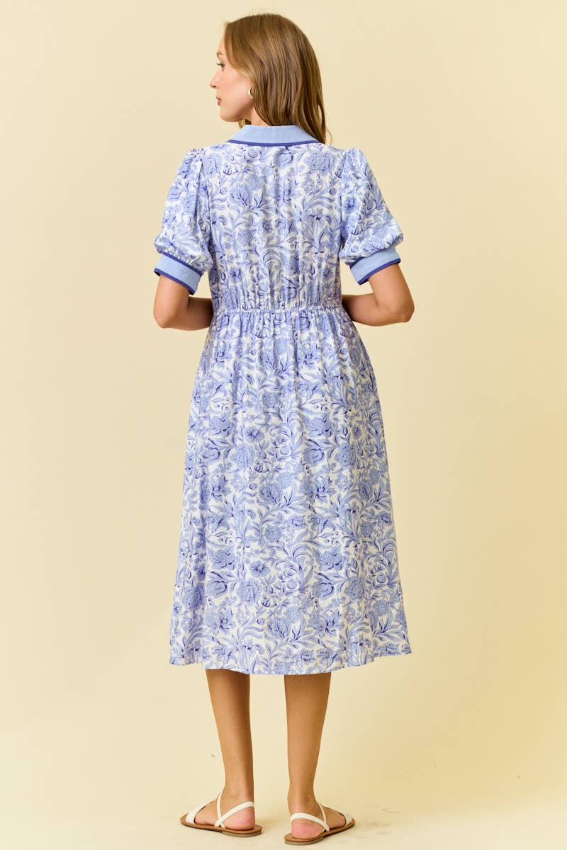 FLORAL PRINTED MIDI SHIRT DRESS W/ SIDE POCKET - PERRIBLUE, S