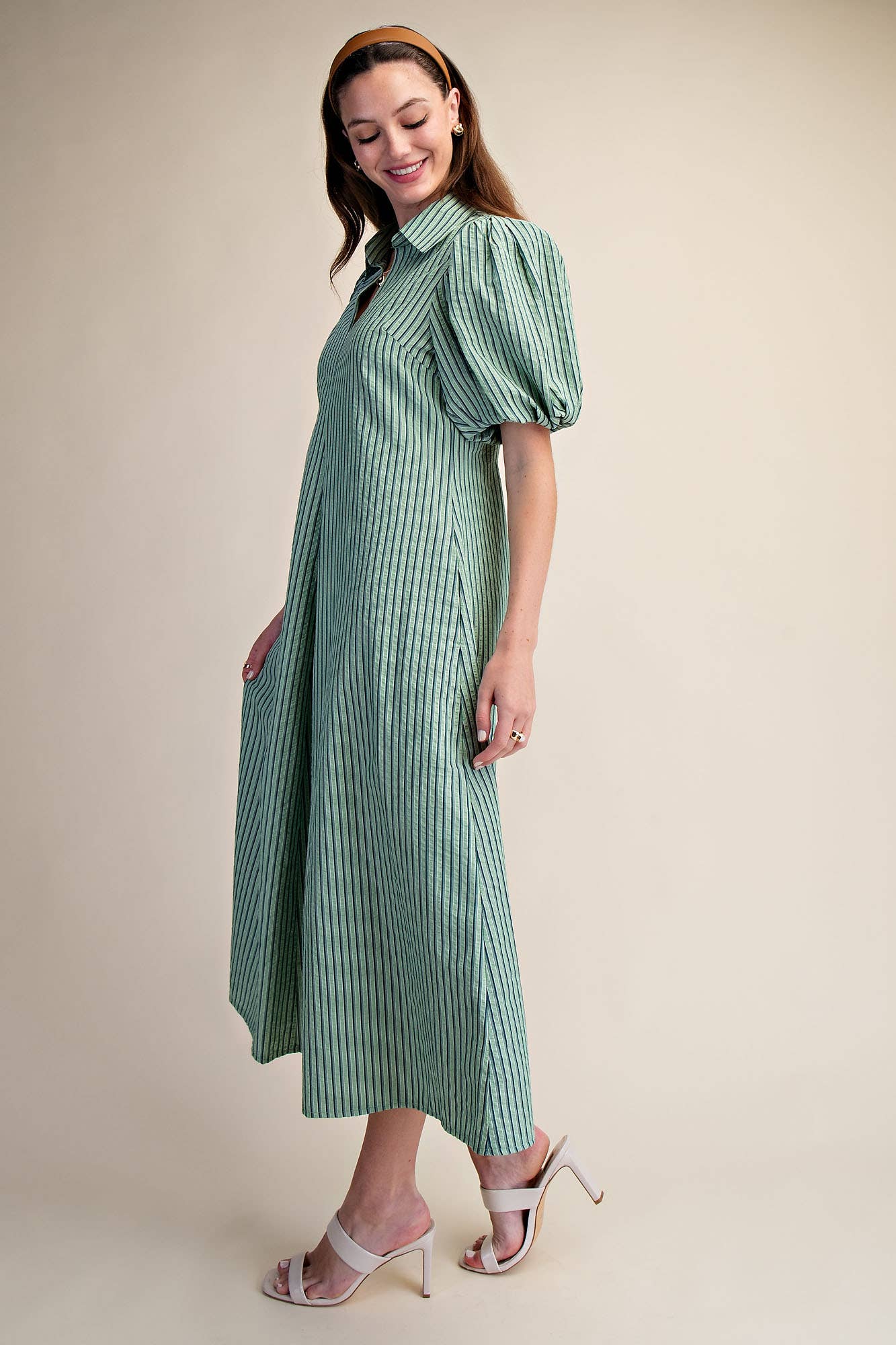 Glam - Collar V-Neck Puff Sleeve Stripe Pleated Midi Dress: Pink, M
