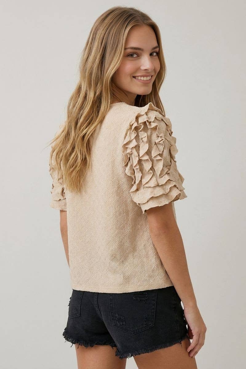 TEXTURED RUFFLE PUFF SLEEVE TOP -TAN, L