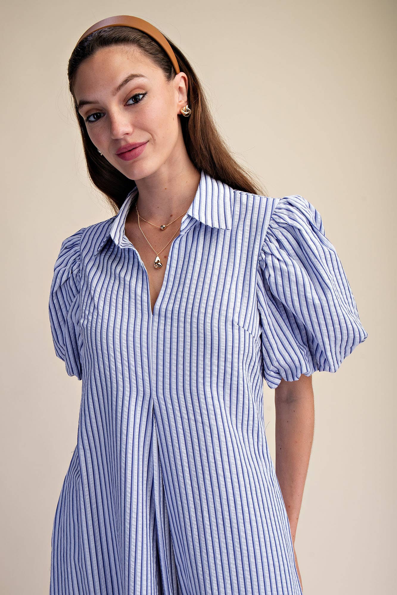 Glam - Collar V-Neck Puff Sleeve Stripe Pleated Midi Dress: Pink, L