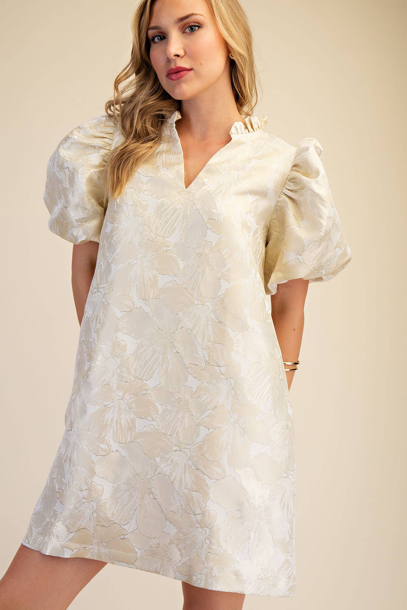 Glam - Ruffle V-Neck Puff Sleeve Mini Dress  Champagne, L