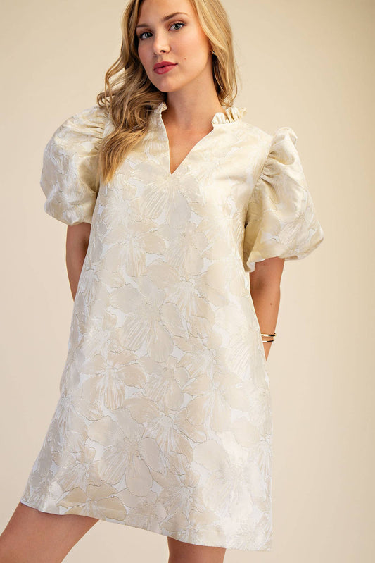 Glam - Ruffle V-Neck Puff Sleeve Mini Dress  Champagne, L