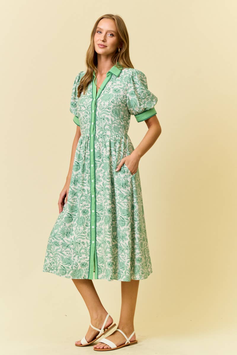 FLORAL PRINTED MIDI SHIRT DRESS W/ SIDE POCKET -PERRIBLUE, L