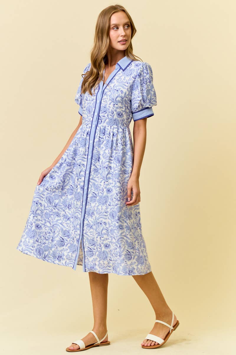 FLORAL PRINTED MIDI SHIRT DRESS W/ SIDE POCKET - PERRIBLUE, S