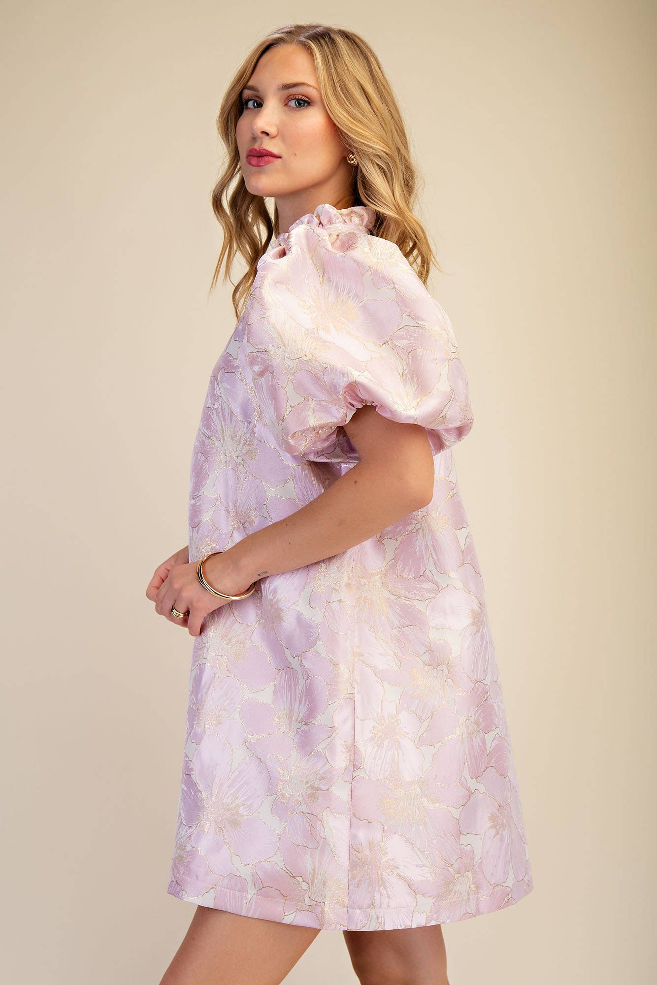 Glam - Ruffle V-Neck Puff Sleeve Mini Dress  Champagne, L