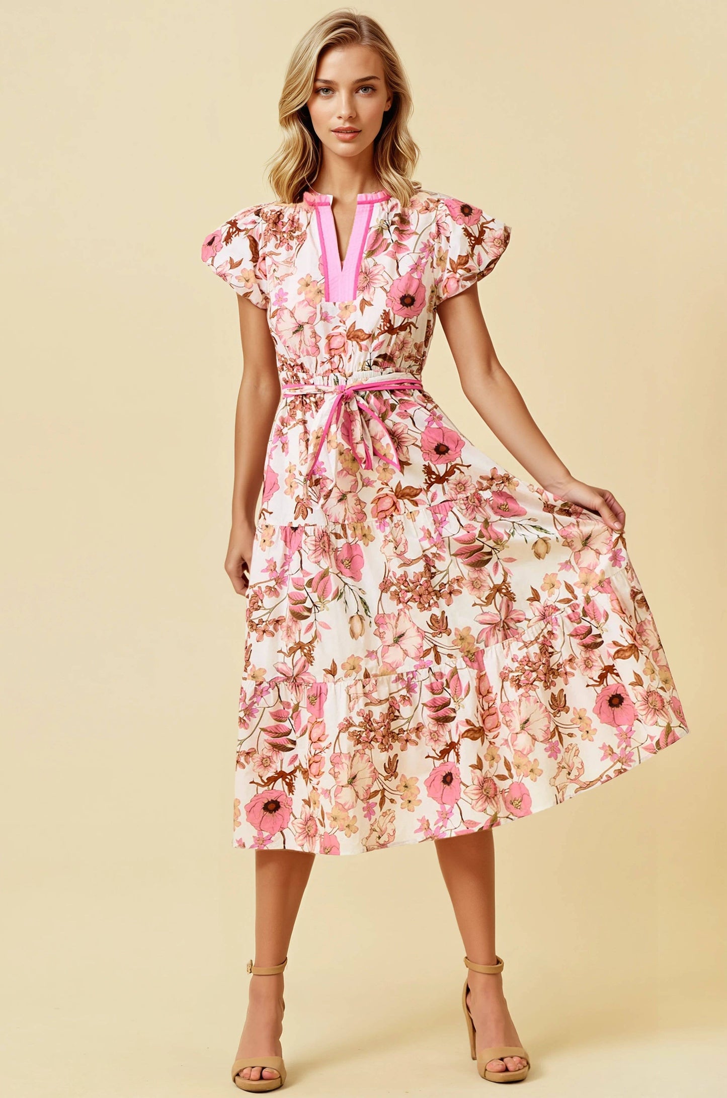 FLORAL PRINT BUBBLE SHORT SLEEVE TIERED MIDI DRESS - Pink, L