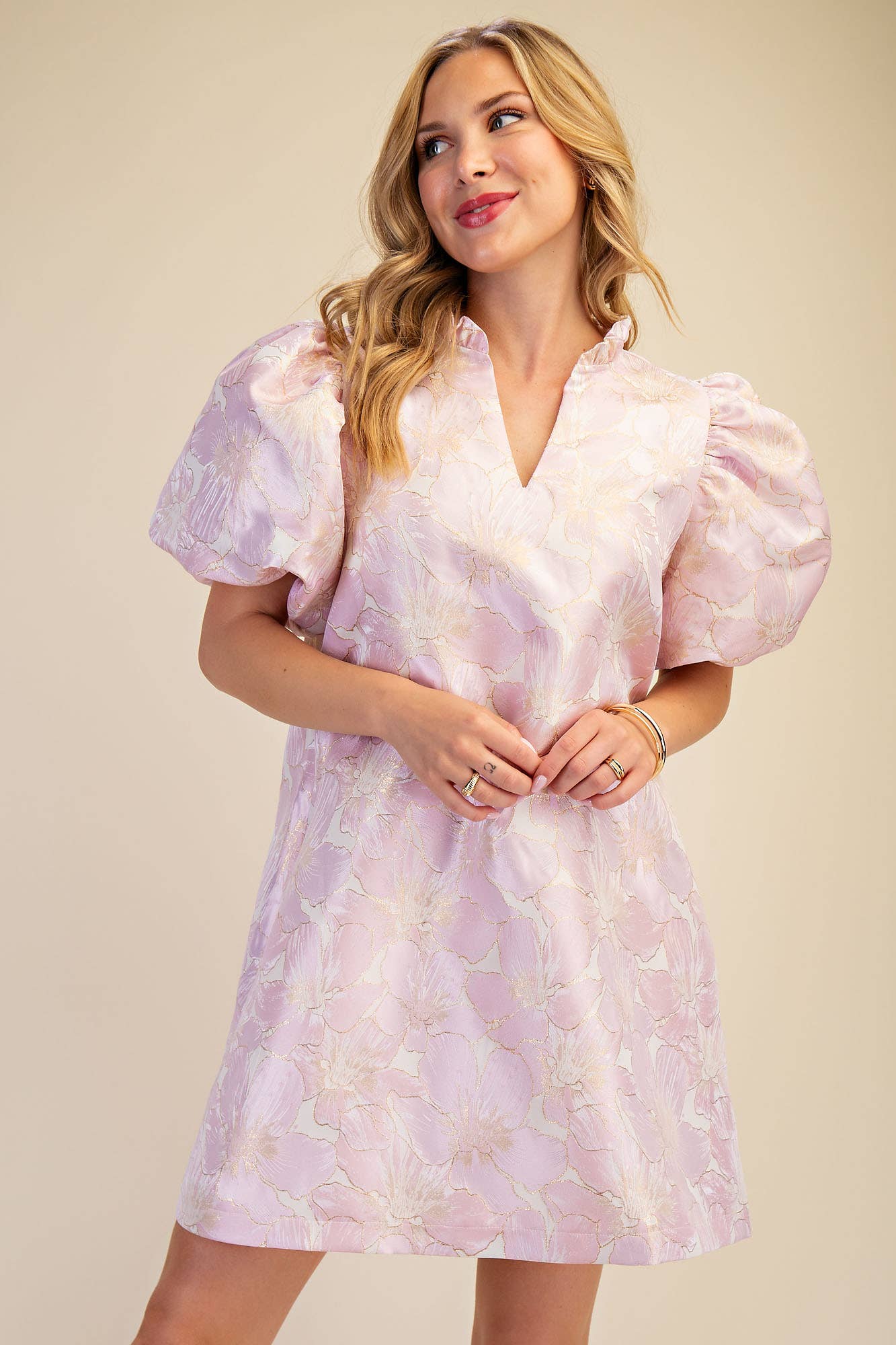 Glam - Ruffle V-Neck Puff Sleeve Mini Dress  Champagne, L