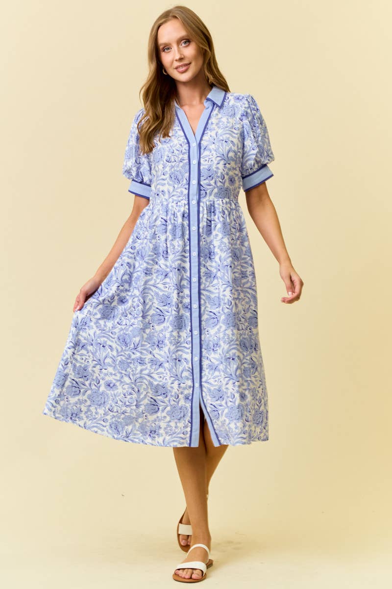 FLORAL PRINTED MIDI SHIRT DRESS W/ SIDE POCKET -PERRIBLUE, L