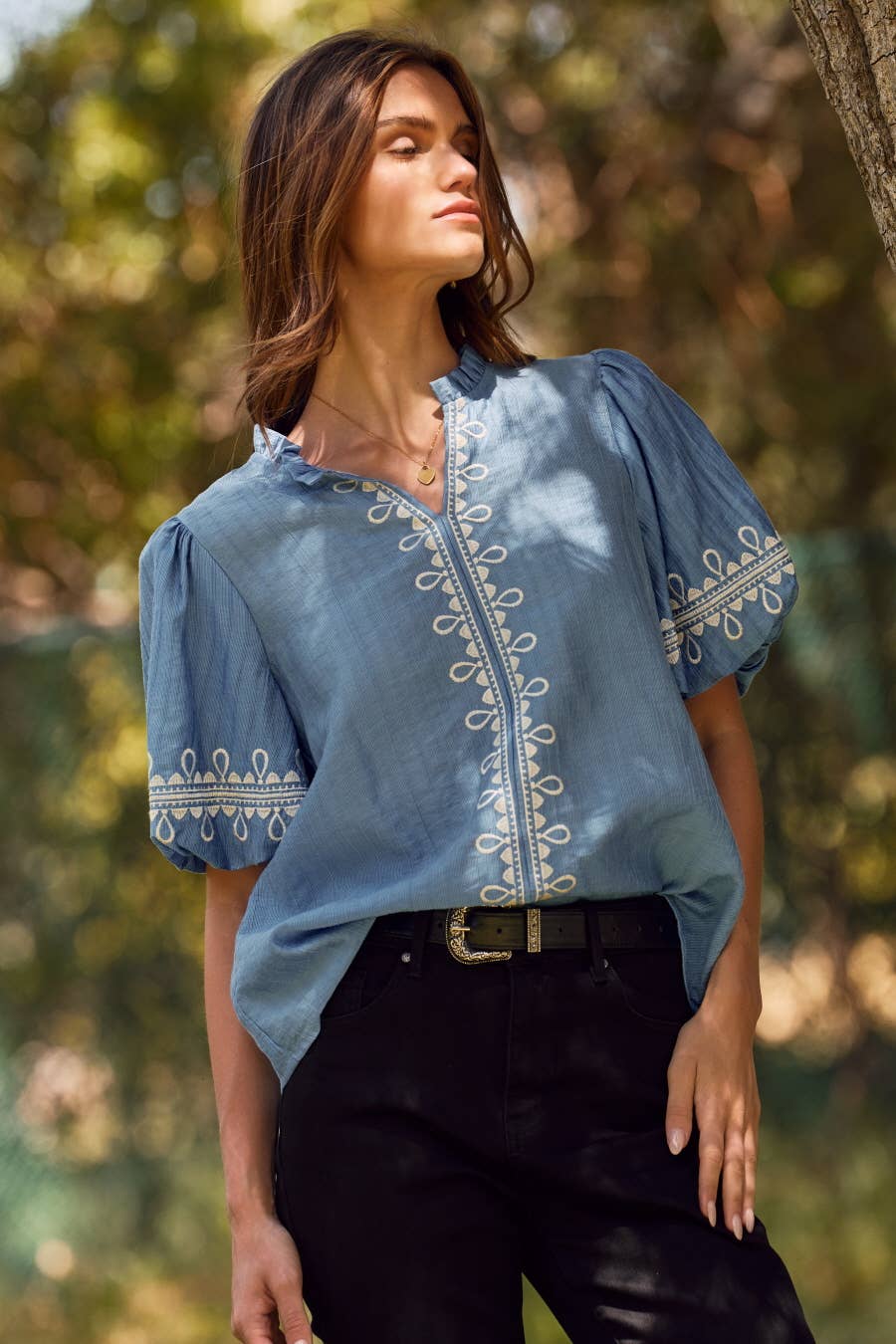 Oddi - Solid Embroidered Short Bubble Sleeve Blouse: Azure Blue, M