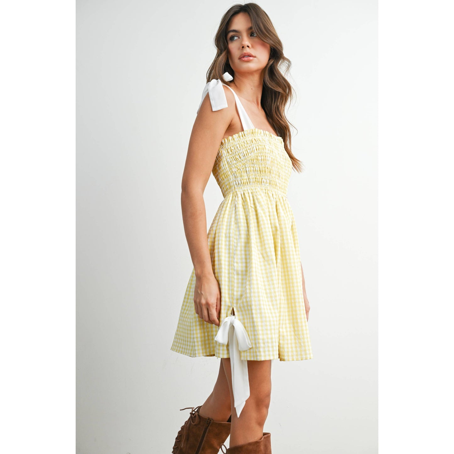 Strapless Shirred Gingham Mini Sundress  RED , M