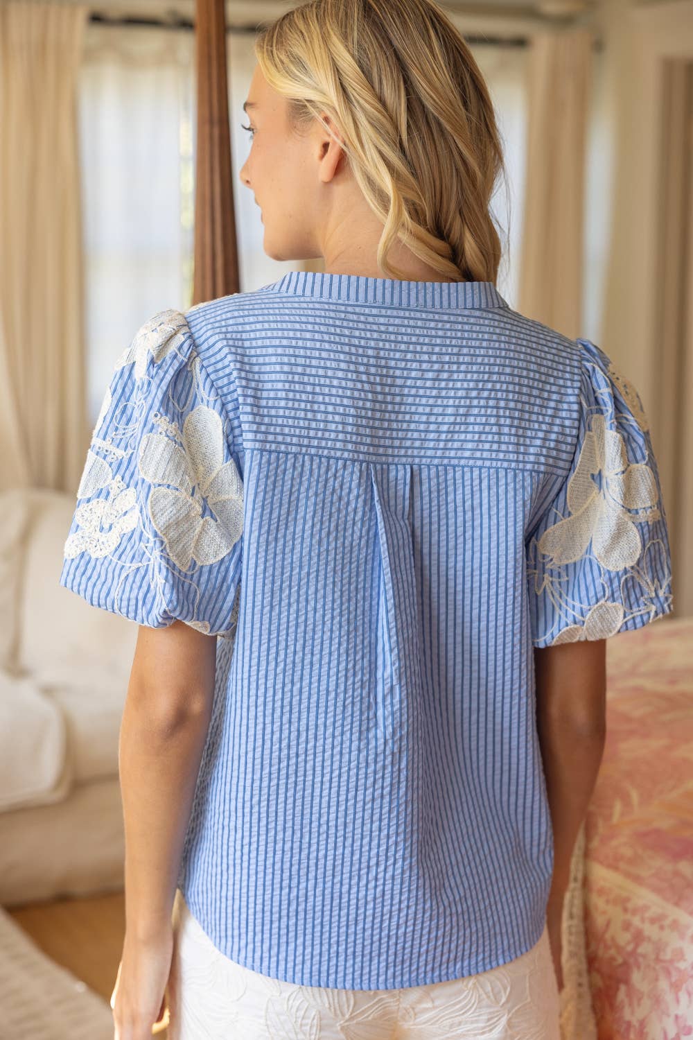 VOY -Embroidered Cover Button Down Stripe Top: Blue, M