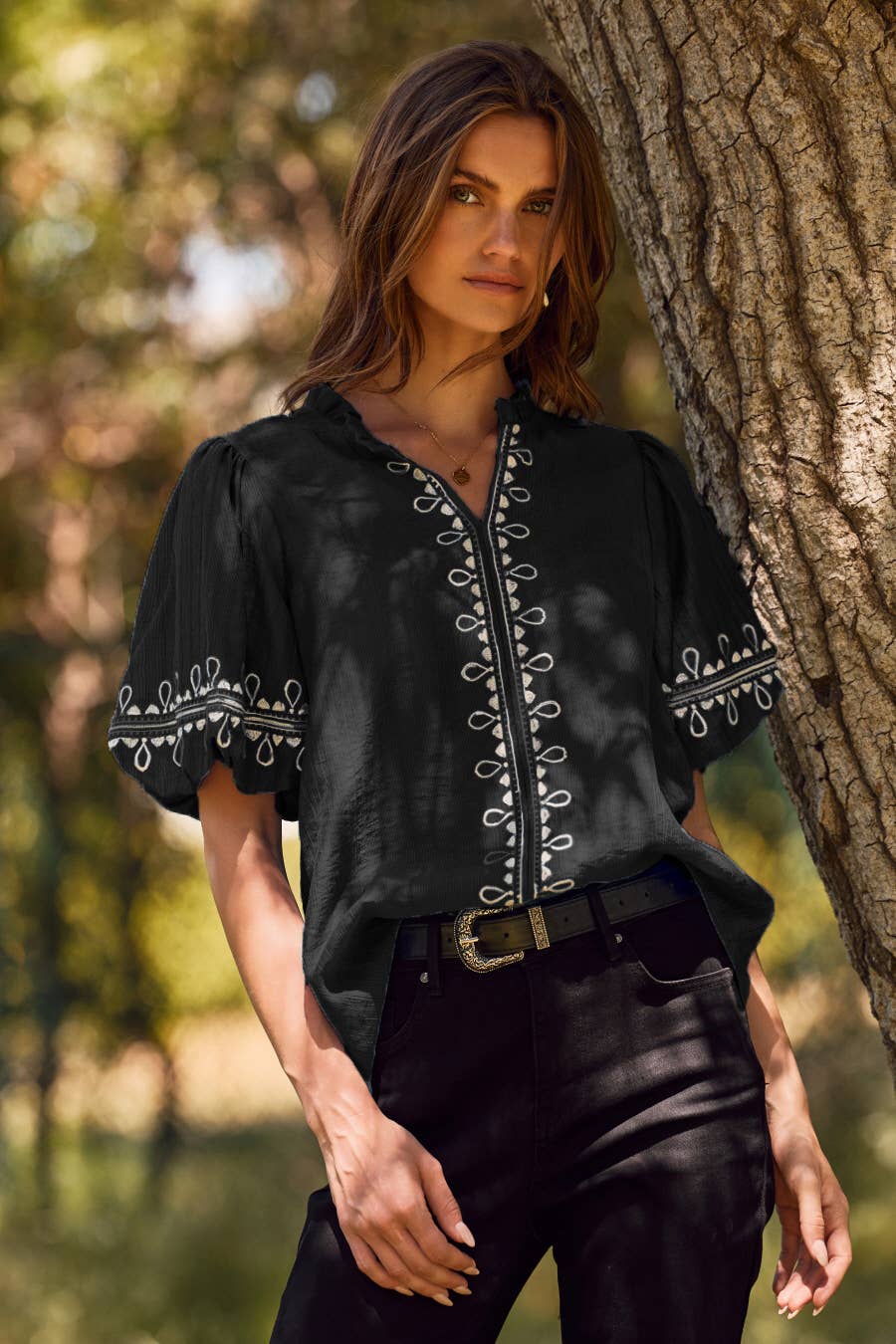 Oddi - Solid Embroidered Short Bubble Sleeve Blouse: Azure Blue, M