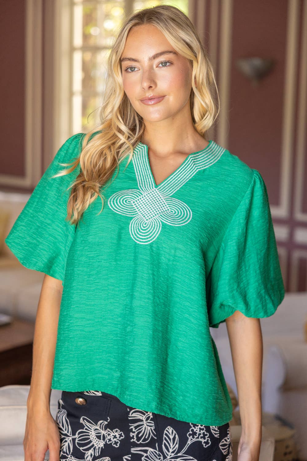VOY - 36709 Embroidered Front Neck Solid Textured Top: Green, S