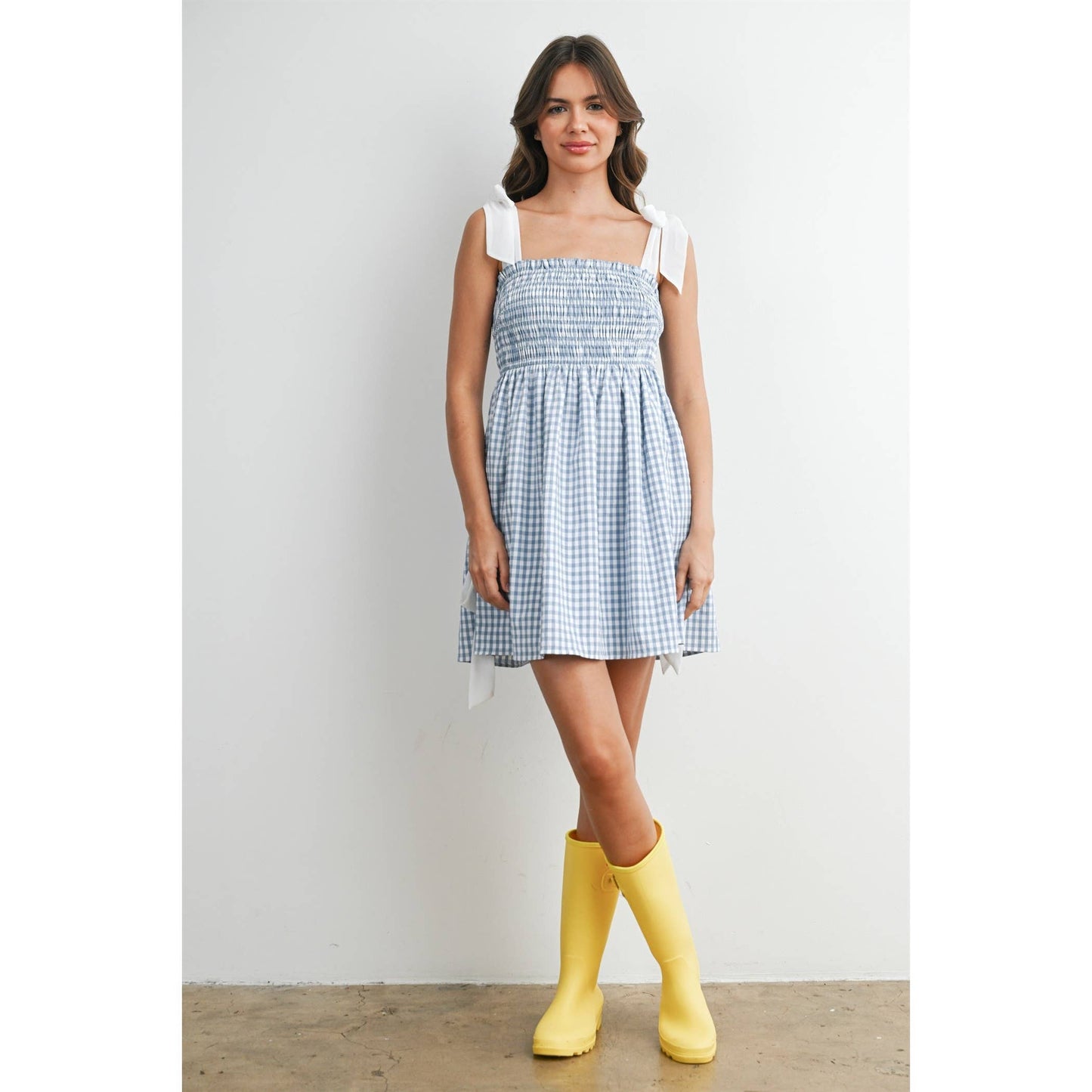 Strapless Shirred Gingham Mini Sundress RED  L