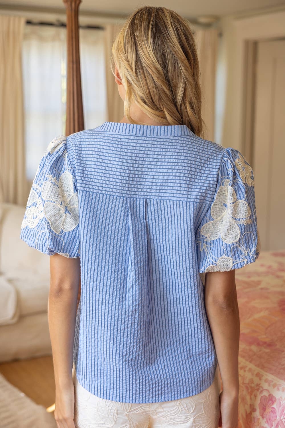 VOY -Embroidered Cover Button Down Stripe Top: Blue, L