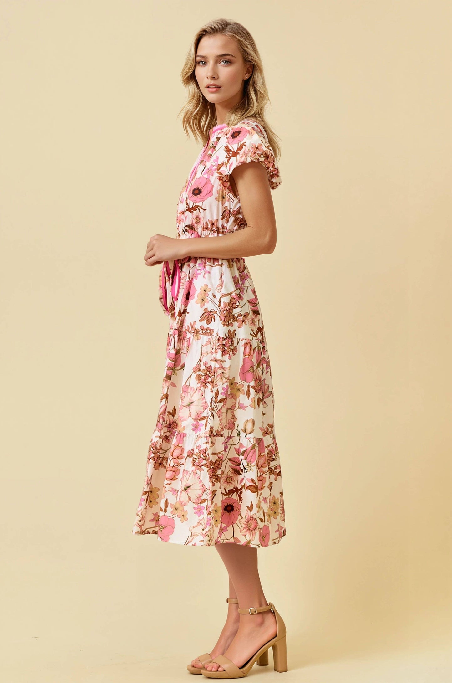 FLORAL PRINT BUBBLE SHORT SLEEVE TIERED MIDI DRESS - Pink, L