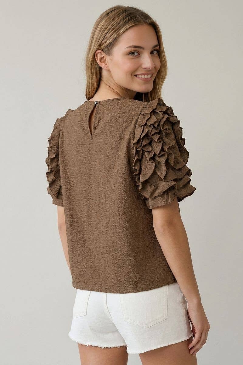 TEXTURED RUFFLE PUFF SLEEVE TOP -TAN, L