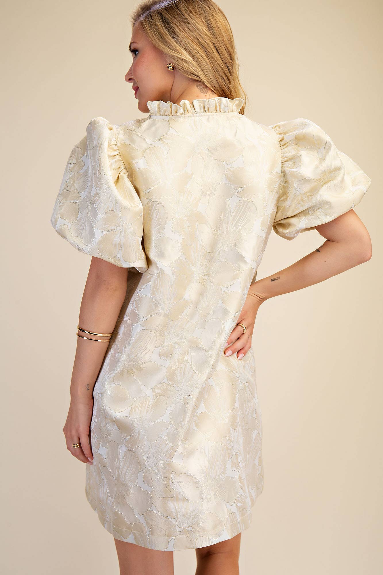 Glam - Ruffle V-Neck Puff Sleeve Mini Dress  Champagne, L