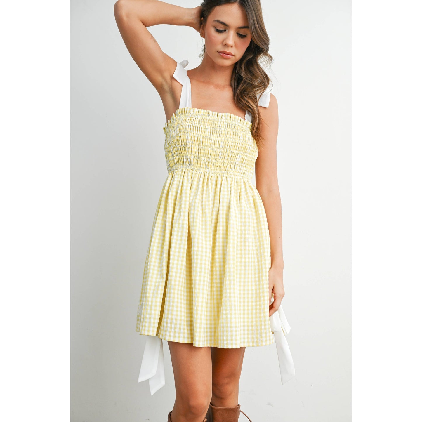 Strapless Shirred Gingham Mini Sundress RED  L
