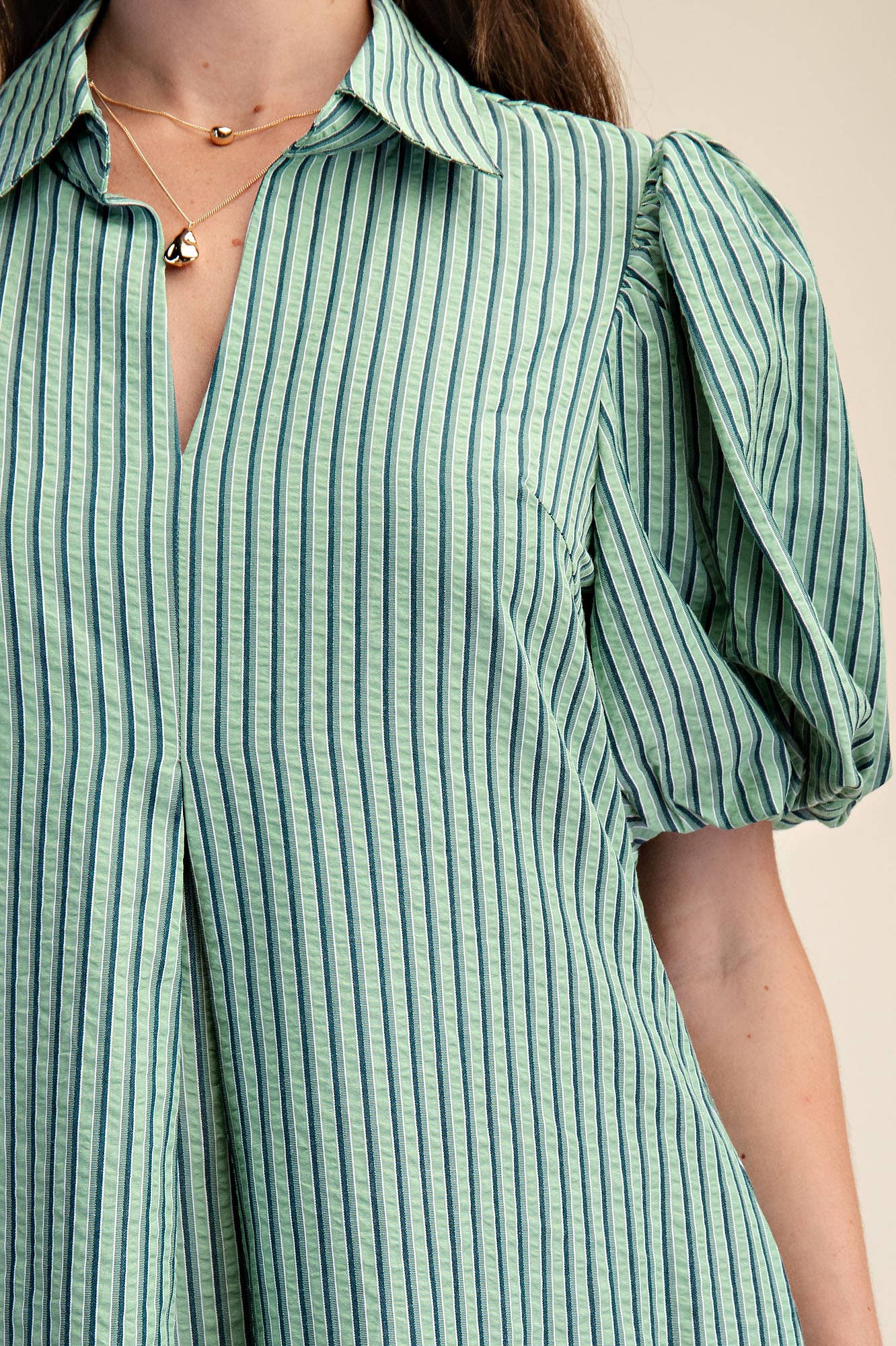 Glam - Collar V-Neck Puff Sleeve Stripe Pleated Midi Dress: Pink, M