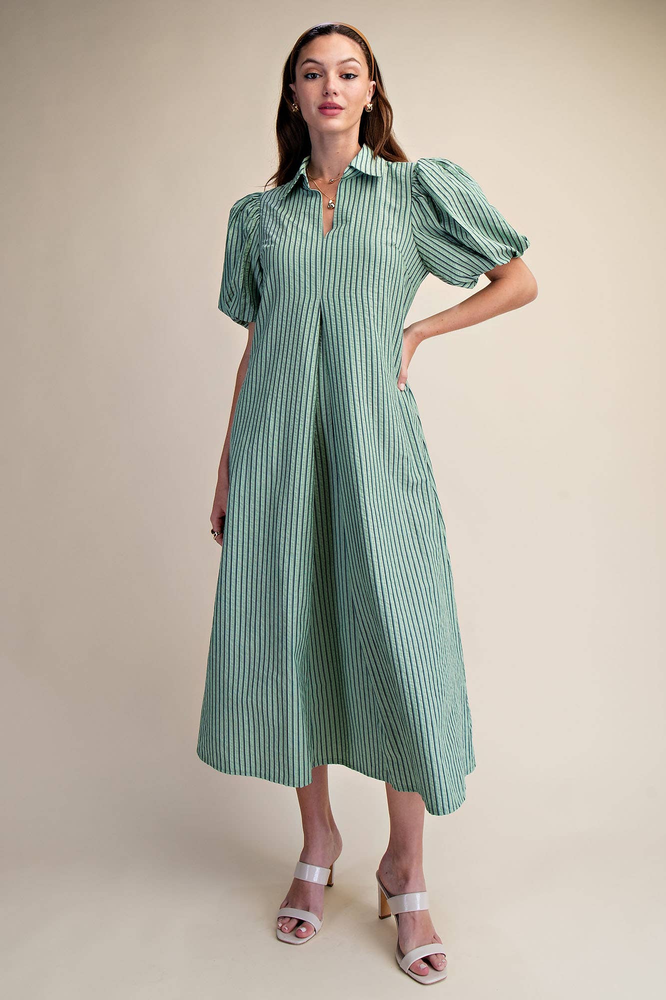Glam - Collar V-Neck Puff Sleeve Stripe Pleated Midi Dress: Pink, S