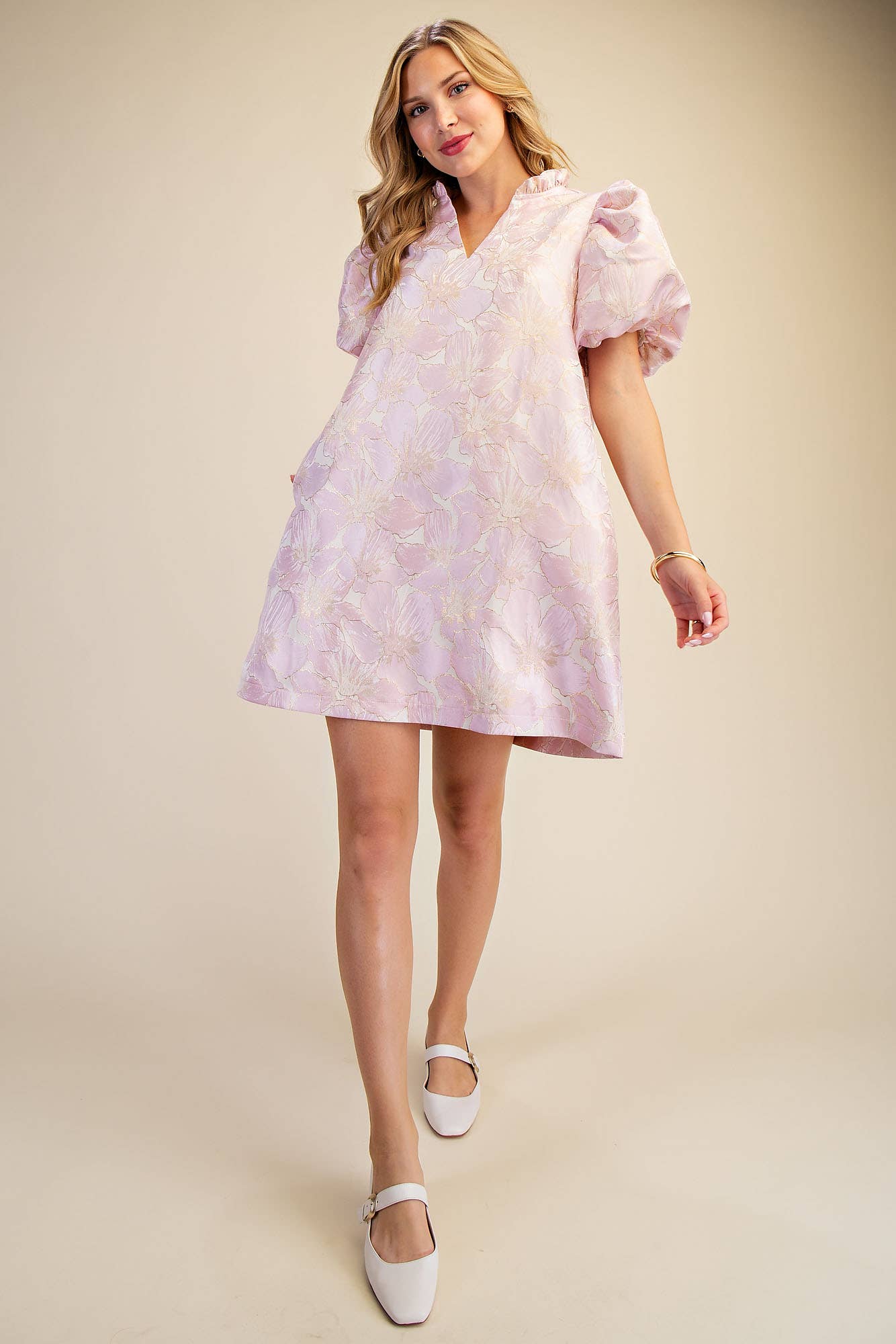 Glam - Ruffle V-Neck Puff Sleeve Mini Dress  Champagne, L