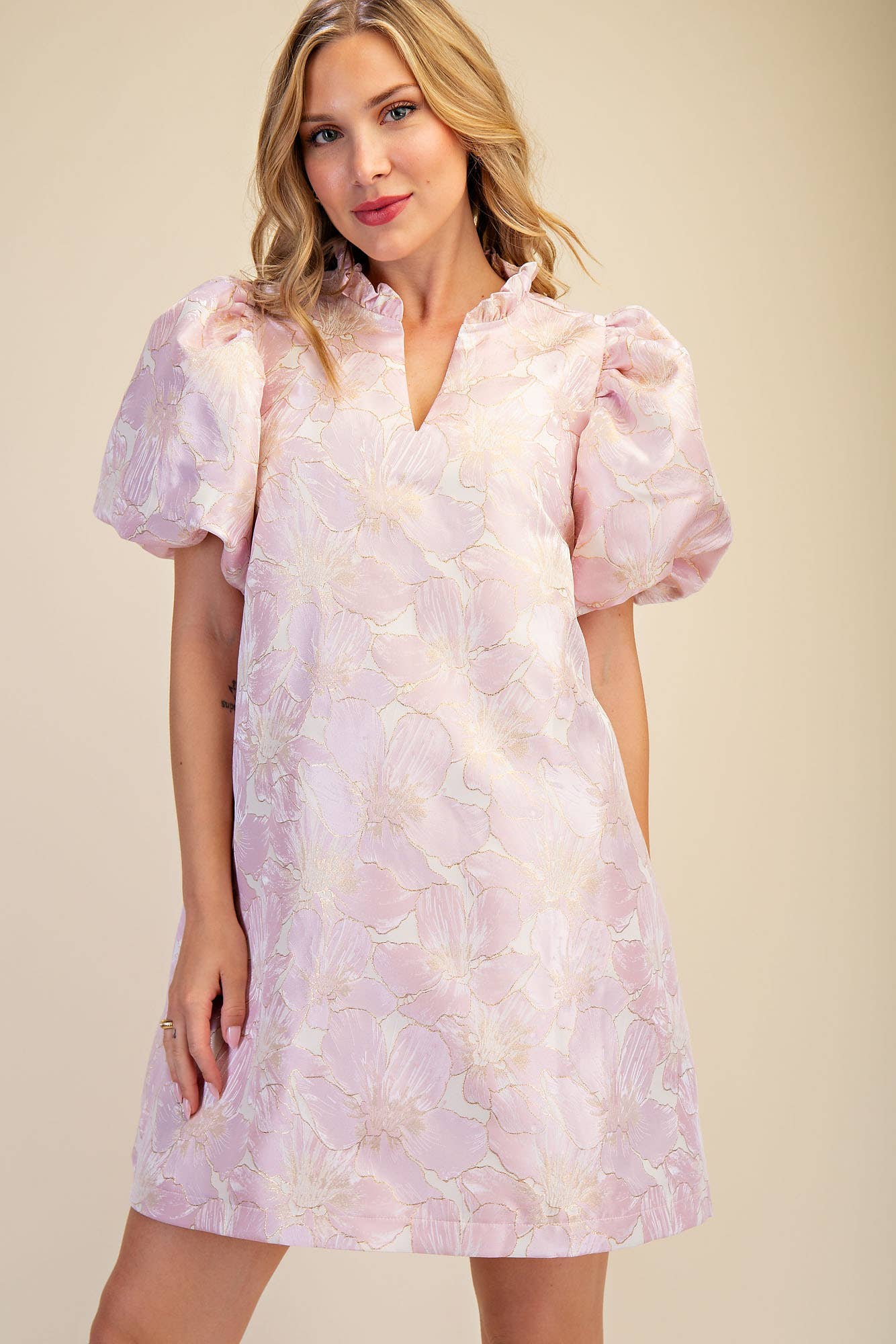 Glam - Ruffle V-Neck Puff Sleeve Mini Dress  Champagne, L