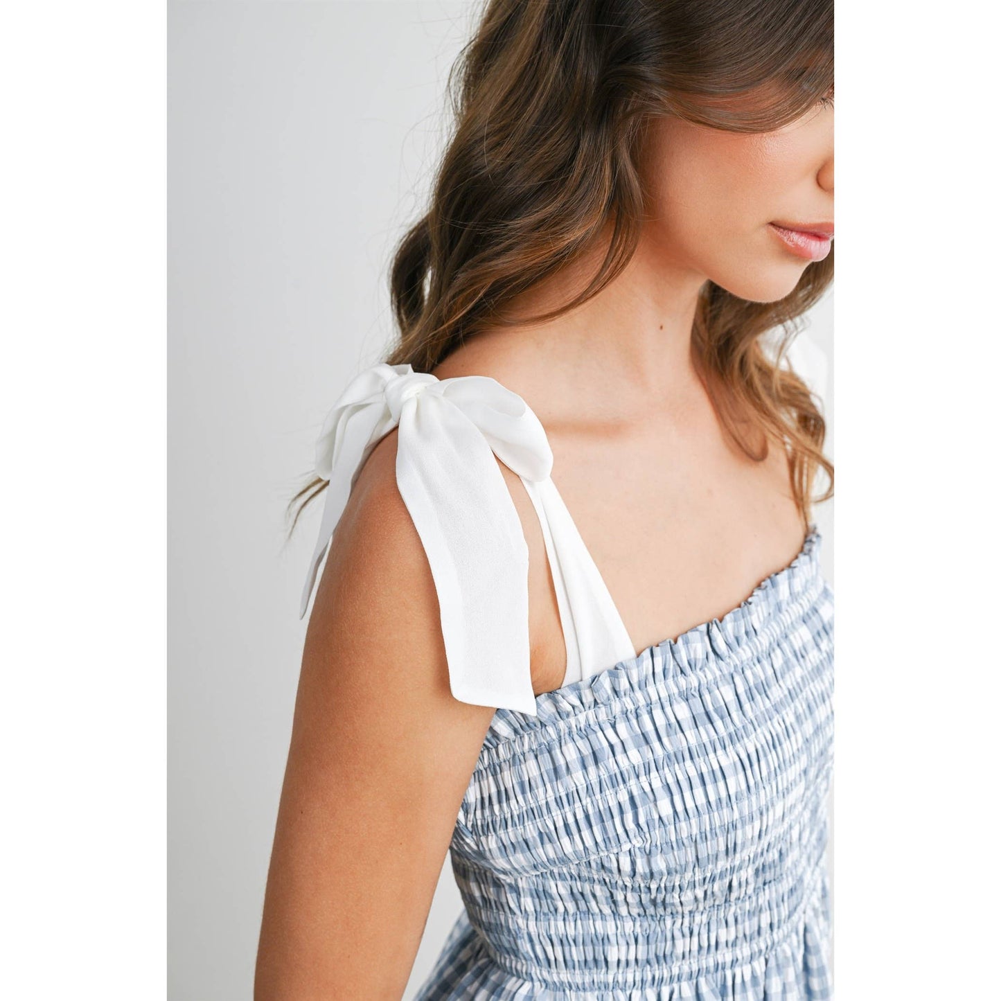 Strapless Shirred Gingham Mini Sundress RED  L