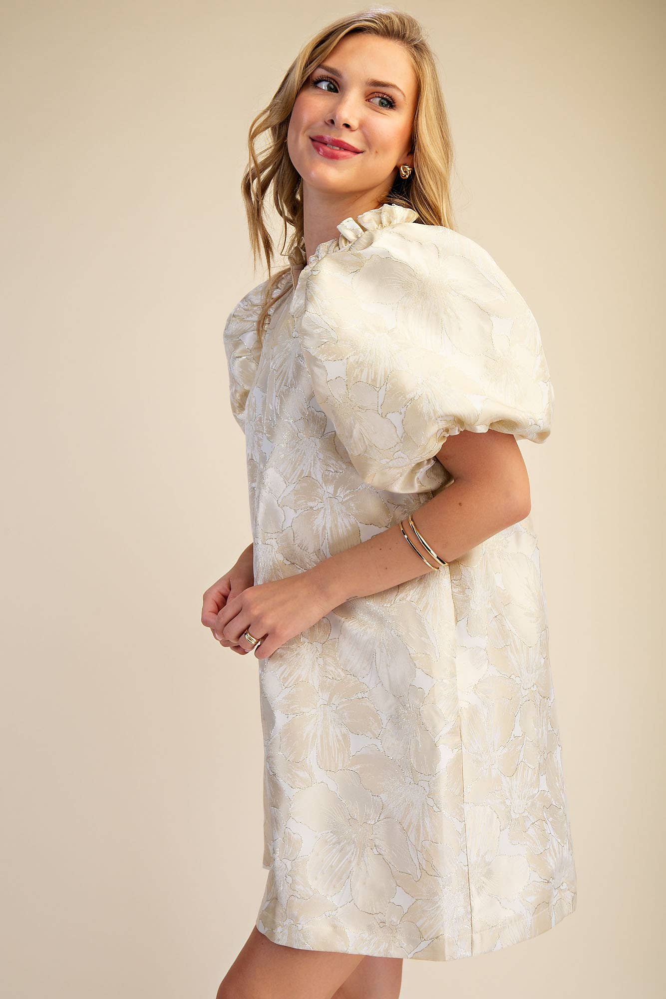 Glam - Ruffle V-Neck Puff Sleeve Mini Dress  Champagne, L