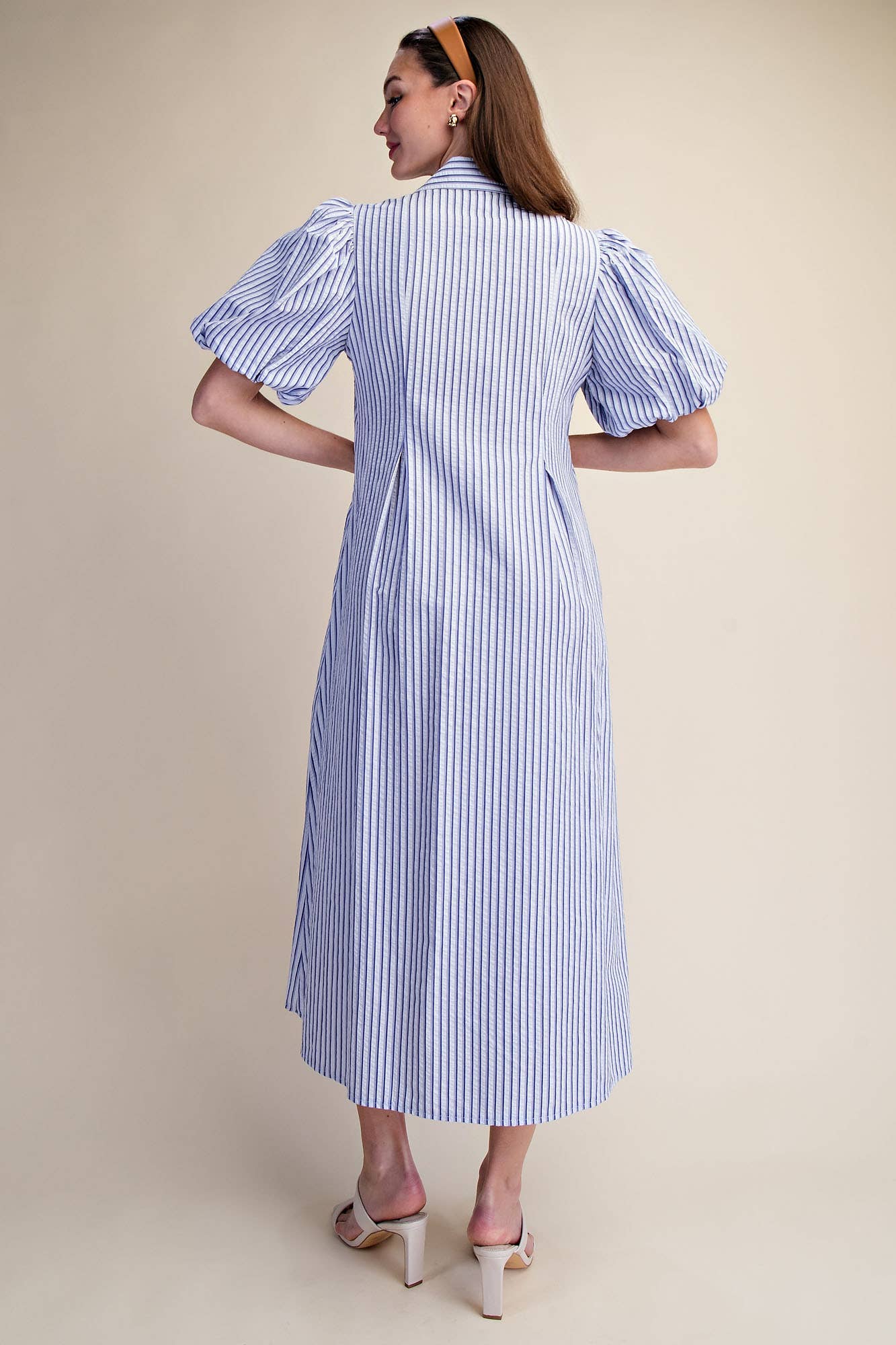 Glam - Collar V-Neck Puff Sleeve Stripe Pleated Midi Dress: Pink, S